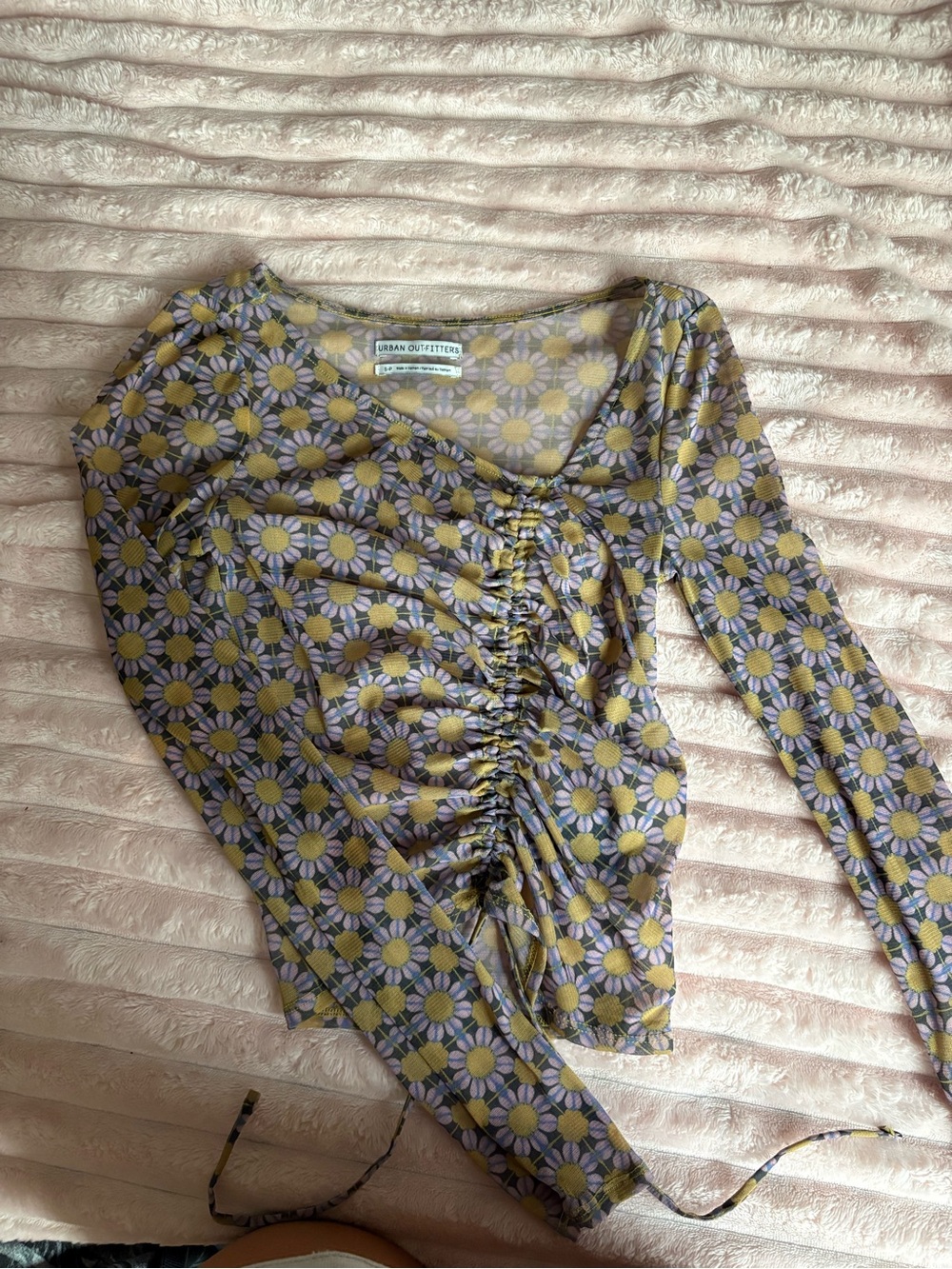 Urban Outfitters Lavender and Yellow Daisy Ruched Long Sleeve Top